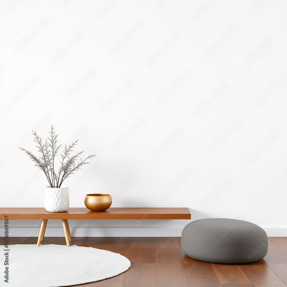 Minimalist interior with a wooden shelf, a grey ottoman, and a white vase with dried branches. Minimalist interior with a wooden shelf, a grey ottoman, and a white vase with dried branches.
