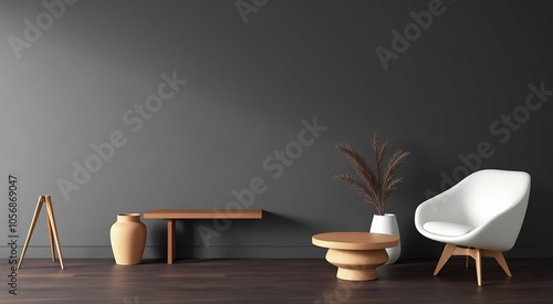 Modern living room with a white armchair, wooden table, and vase.