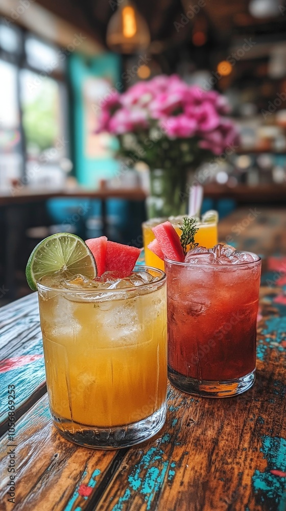 Friends clinking colorful cocktails during a lively event