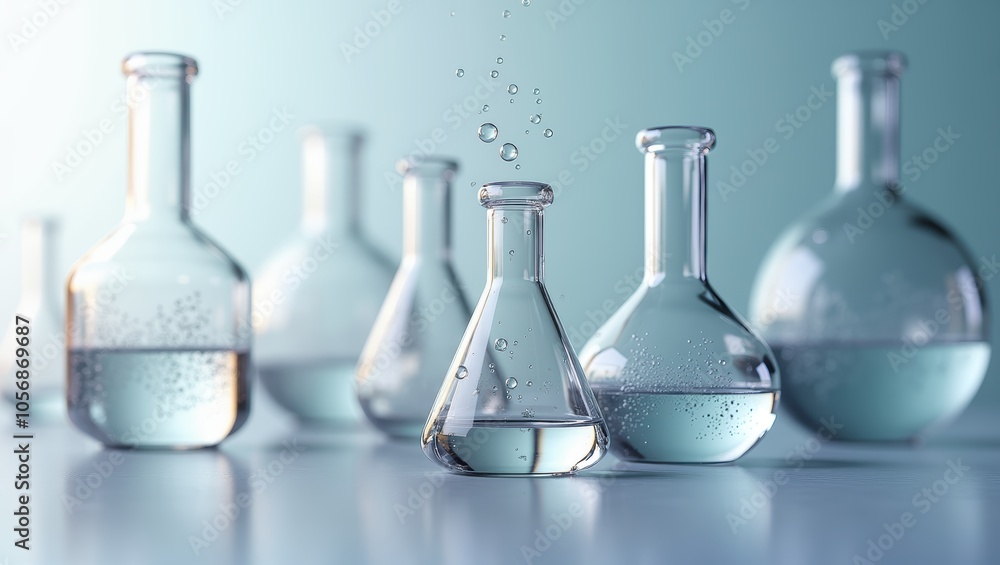 a group of beakers with water pouring out of them. a group of beakers with water pouring out of them.