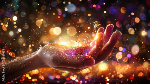 hand is gently holding shimmering particles, creating magical and vibrant atmosphere filled with colorful bokeh lights. scene evokes sense of wonder and enchantment