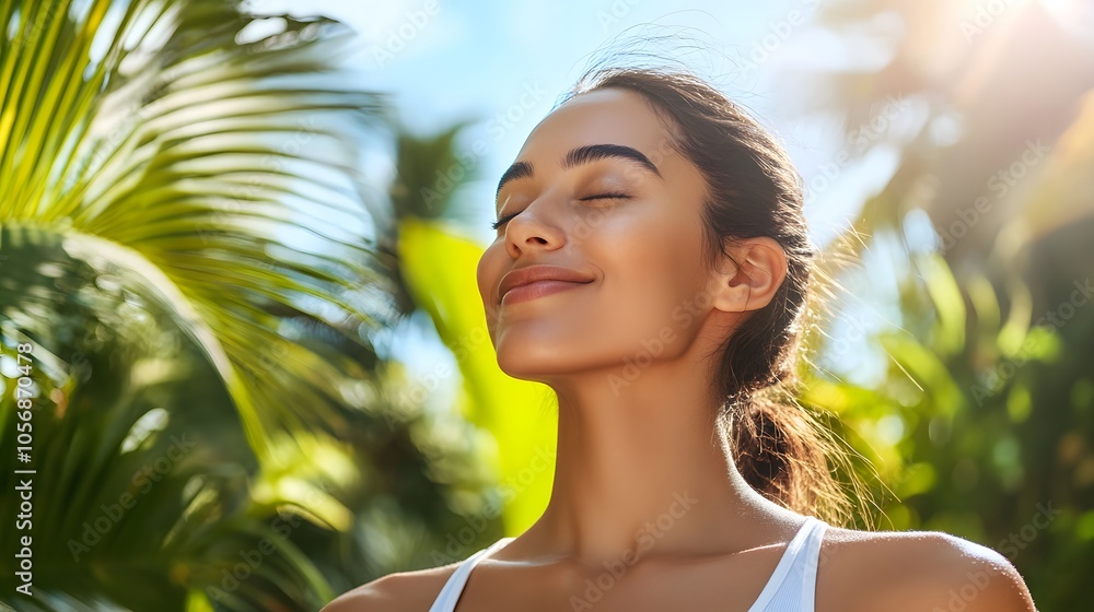 A woman with her eyes closed, smiling and standing in the sunlight of an outdoor setting surrounded by palm trees A woman with her eyes closed, smiling and standing in the sunlight of an outdoor setting surrounded by palm trees