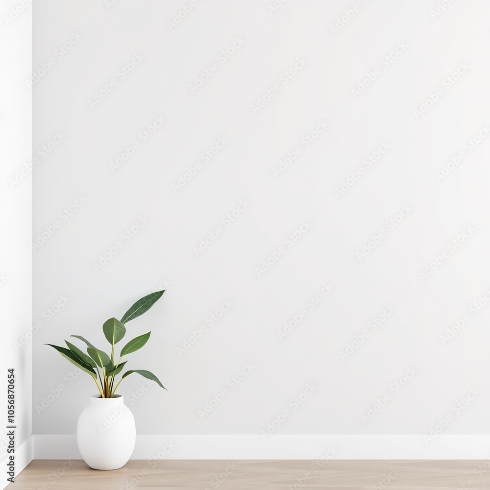 White wall with a potted plant and a wood floor. White wall with a potted plant and a wood floor.