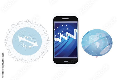 Abstract mobile phone and growth chart on smartphone screen. Stock market and finance concepts. Low poly wireframe vector illustration in futuristic light blue style on a technology background.