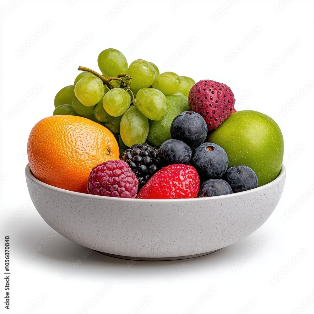 A photostock of assorted fresh fruit in a bowl on a white background, healthy and colorful. A photostock of assorted fresh fruit in a bowl on a white background, healthy and colorful.