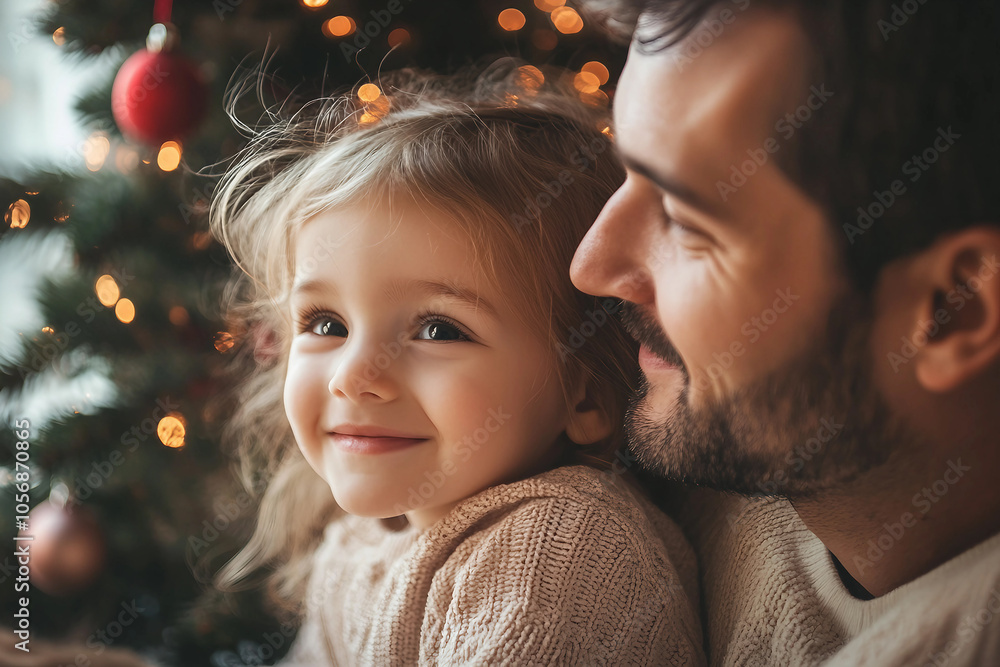Generative AI image of mother father child couple family together by decorated Christmas tree holiday celebration themes Generative AI image of mother father child couple family together by decorated Christmas tree holiday celebration themes