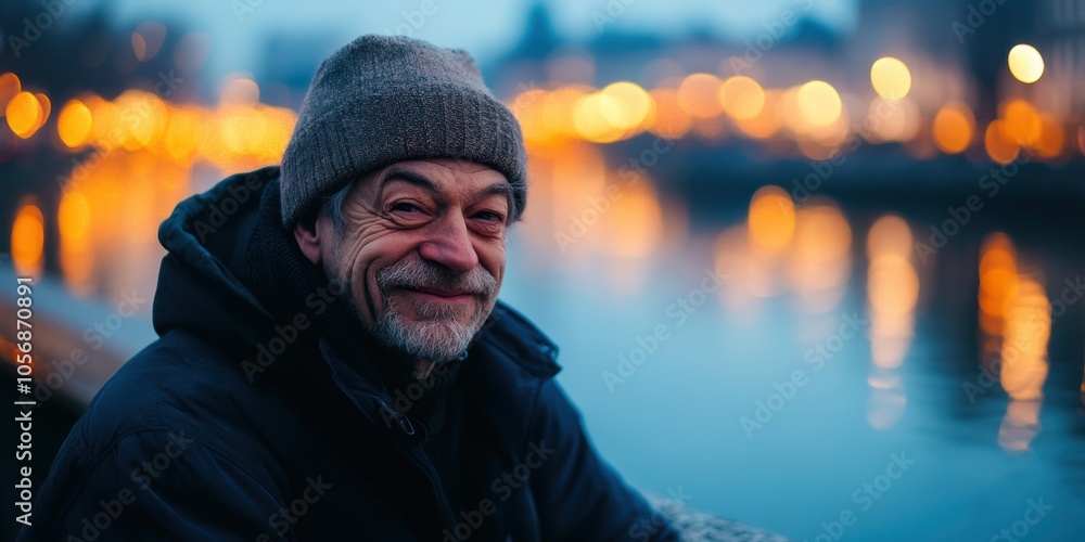 A Belgian Man with a Soft Smile Enjoying a Quiet Moment by the Water at Dusk A Belgian Man with a Soft Smile Enjoying a Quiet Moment by the Water at Dusk