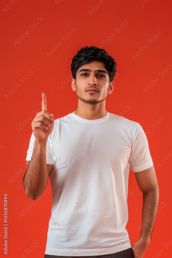 A person in a white t-shirt pointing out something, great for illustrations on various topics A person in a white t-shirt pointing out something, great for illustrations on various topics