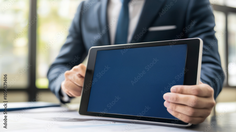Successful Loan Approval Notification on Digital Tablet Held by Confident Businessman in Banking App Successful Loan Approval Notification on Digital Tablet Held by Confident Businessman in Banking App