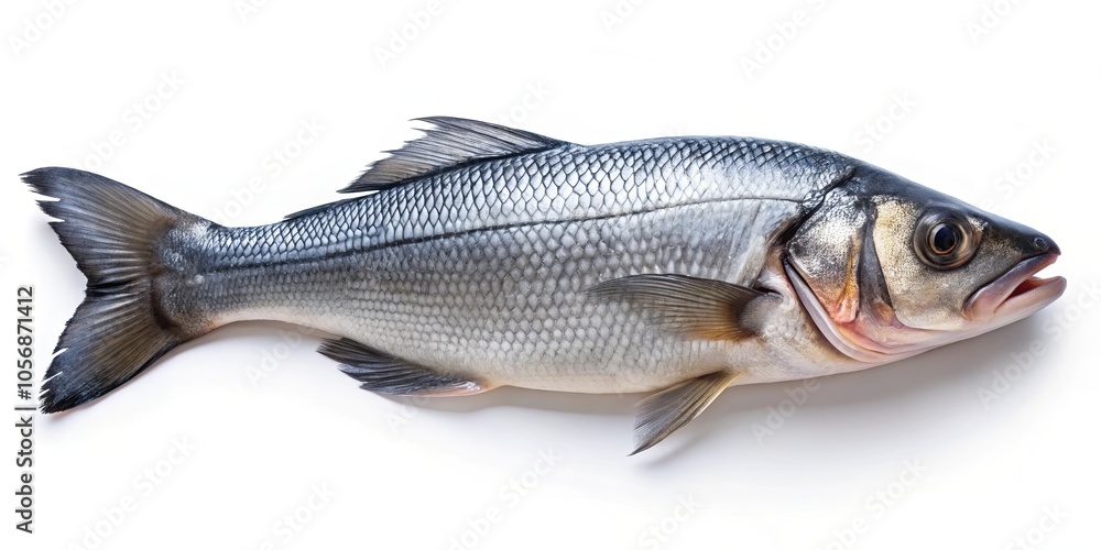 Fresh raw sea bass fish isolated on white background, sea bass, fresh, raw, seafood, fish, ocean, isolated Fresh raw sea bass fish isolated on white background, sea bass, fresh, raw, seafood, fish, ocean, isolated