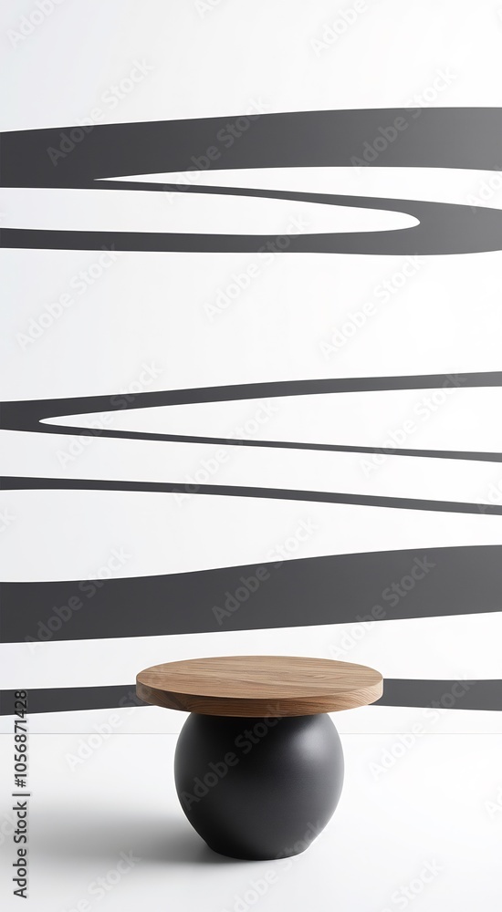 Wooden top table with black round base in front of a white wall with black wavy lines. Wooden top table with black round base in front of a white wall with black wavy lines.