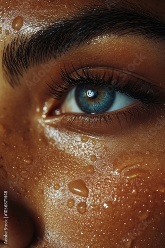 A close-up shot of an eye with water droplets on the surface, suitable for use in medical or emotional context