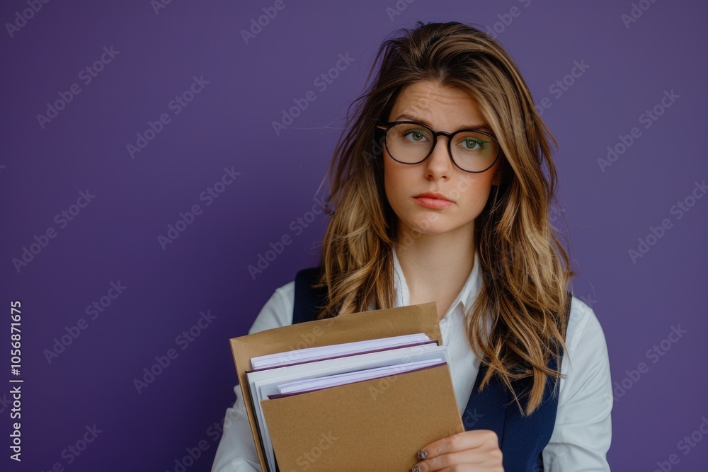 A woman with glasses holds a box of files, ready for organization or storage A woman with glasses holds a box of files, ready for organization or storage