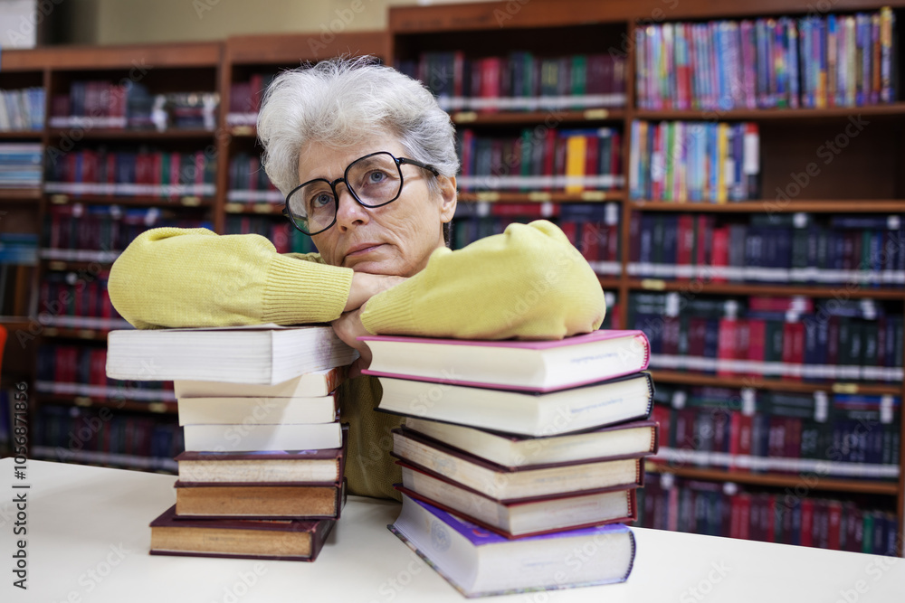 Senior woman in library leaning on stack of books, wearing glasses, looking thoughtful and contemplative, surrounded by shelves filled with books, representing lifelong learning and curiosity Senior woman in library leaning on stack of books, wearing glasses, looking thoughtful and contemplative, surrounded by shelves filled with books, representing lifelong learning and curiosity