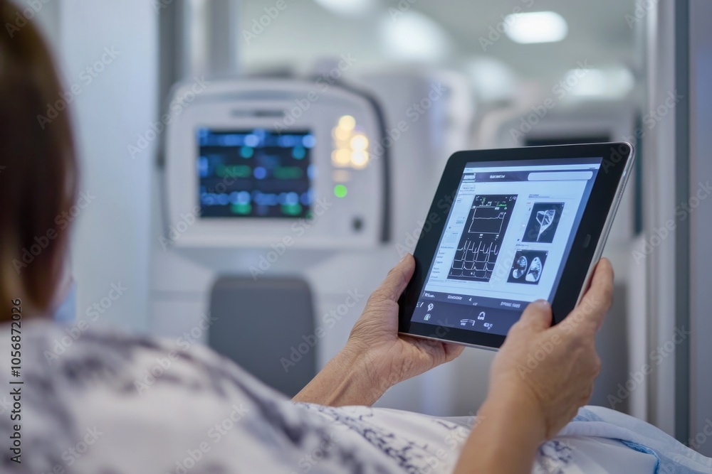 A person lying on a hospital bed uses a tablet computer, suitable for healthcare and technology related images A person lying on a hospital bed uses a tablet computer, suitable for healthcare and technology related images