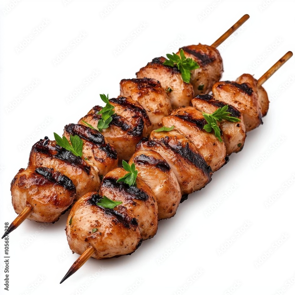 A photostock of chicken kebabs on skewers with herbs on a white background, grilled and delicious. A photostock of chicken kebabs on skewers with herbs on a white background, grilled and delicious.