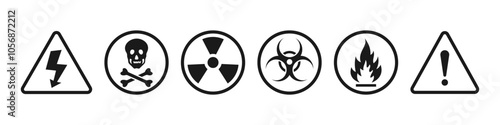 Warning sign set. Exclamation danger,  High voltage, Toxic, Radiation chemical, hazard warning. Vector.