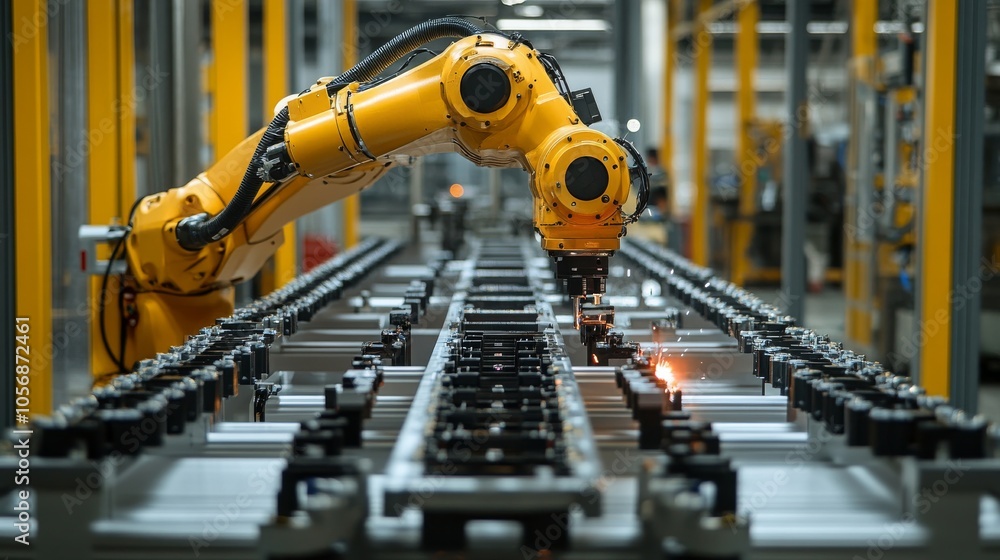 Industrial Robot Arm Welding Metal Parts on Assembly Line Industrial Robot Arm Welding Metal Parts on Assembly Line
