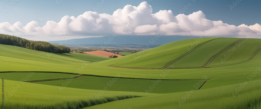 Fototapeta premium Rolling green hills under fluffy clouds in a serene countryside landscape