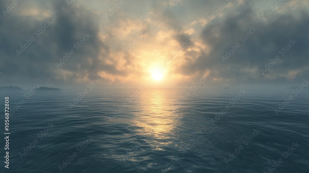 Obraz premium Sunset over a Calm Sea with Clouds and Small Islands