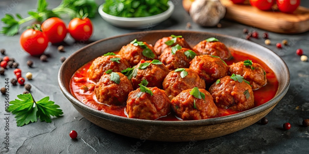 Traditional spicy meatballs in tomato sauce with parsley garnish on a concrete background, spicy, meatballs Traditional spicy meatballs in tomato sauce with parsley garnish on a concrete background, spicy, meatballs