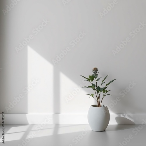 Single potted plant in front of white wall with sunbeams.