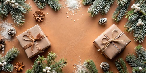 Top view flat lay of elegant gift boxes, tree decorations, and frosty fir branches on terracotta background photo