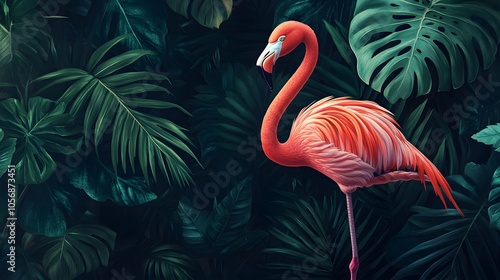 Pink Flamingo Standing Amid Lush Tropical Foliage