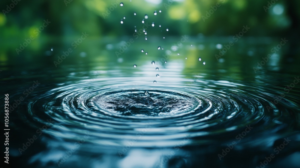 Water Droplet Impacting Still Water With Ripples and Green Blurred Background Water Droplet Impacting Still Water With Ripples and Green Blurred Background