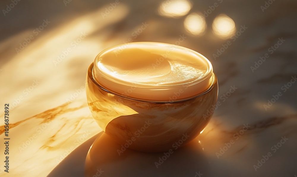A gold jar of face cream sits on a marble surface in the warm glow of sunlight. A gold jar of face cream sits on a marble surface in the warm glow of sunlight.