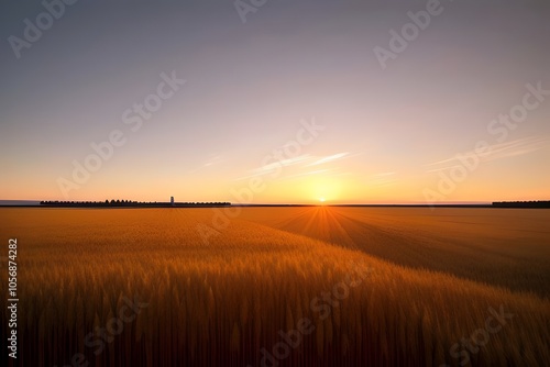 A breathtaking panorama of the Saskatchewan prairies at sunset. A vast, undulating sea of golden wheat stretches towards the horizon, where it meets the vibrant hues of an orange and pink sky. Canada,