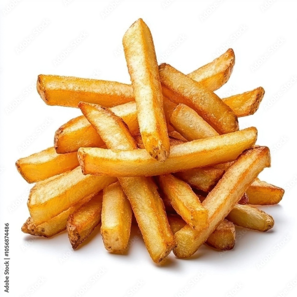 A photostock of crispy French fries on a white background, golden and delicious. A photostock of crispy French fries on a white background, golden and delicious.