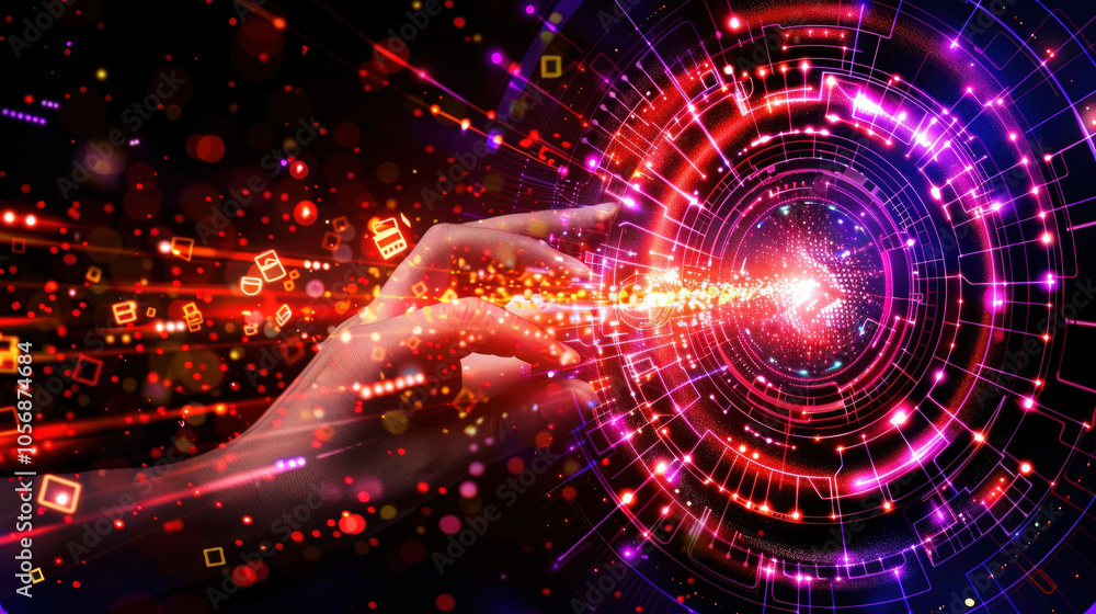 Fototapeta premium glowing hand reaches towards vibrant holographic data dashboard, surrounded by colorful digital icons and light trails, symbolizing technology and innovation