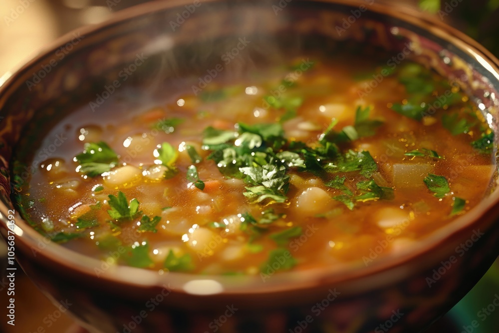 A close-up view of a bowl of soup on a table, perfect for food and lifestyle images