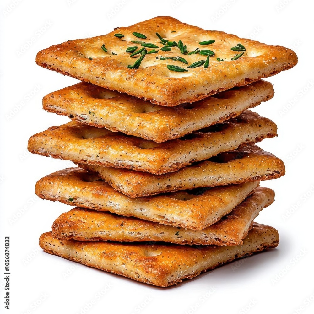 A photostock of crispy crackers stacked on a white background, simple and crunchy. A photostock of crispy crackers stacked on a white background, simple and crunchy.