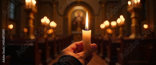 Lit candles in front of icons in a church photo