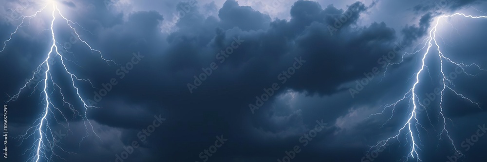 Dark storm clouds gather ominously in the sky as bolts of lightning illuminate the darkness, creating a dramatic scene of a heavy thunderstorm, stormy, electric Dark storm clouds gather ominously in the sky as bolts of lightning illuminate the darkness, creating a dramatic scene of a heavy thunderstorm, stormy, electric