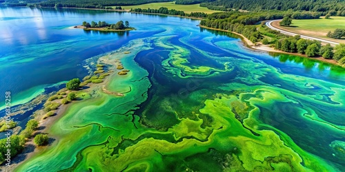 Aerial view of a vibrant bloom of algae in a lake, creating a fluid, organic pattern in shades of green and blue, algae, bloom