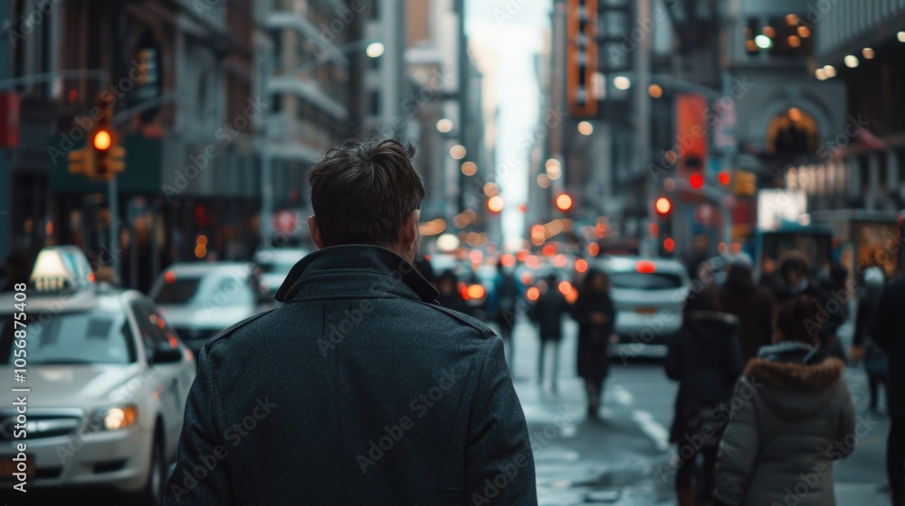 A man standing on a busy city street with surrounding traffic and pedestrians A man standing on a busy city street with surrounding traffic and pedestrians