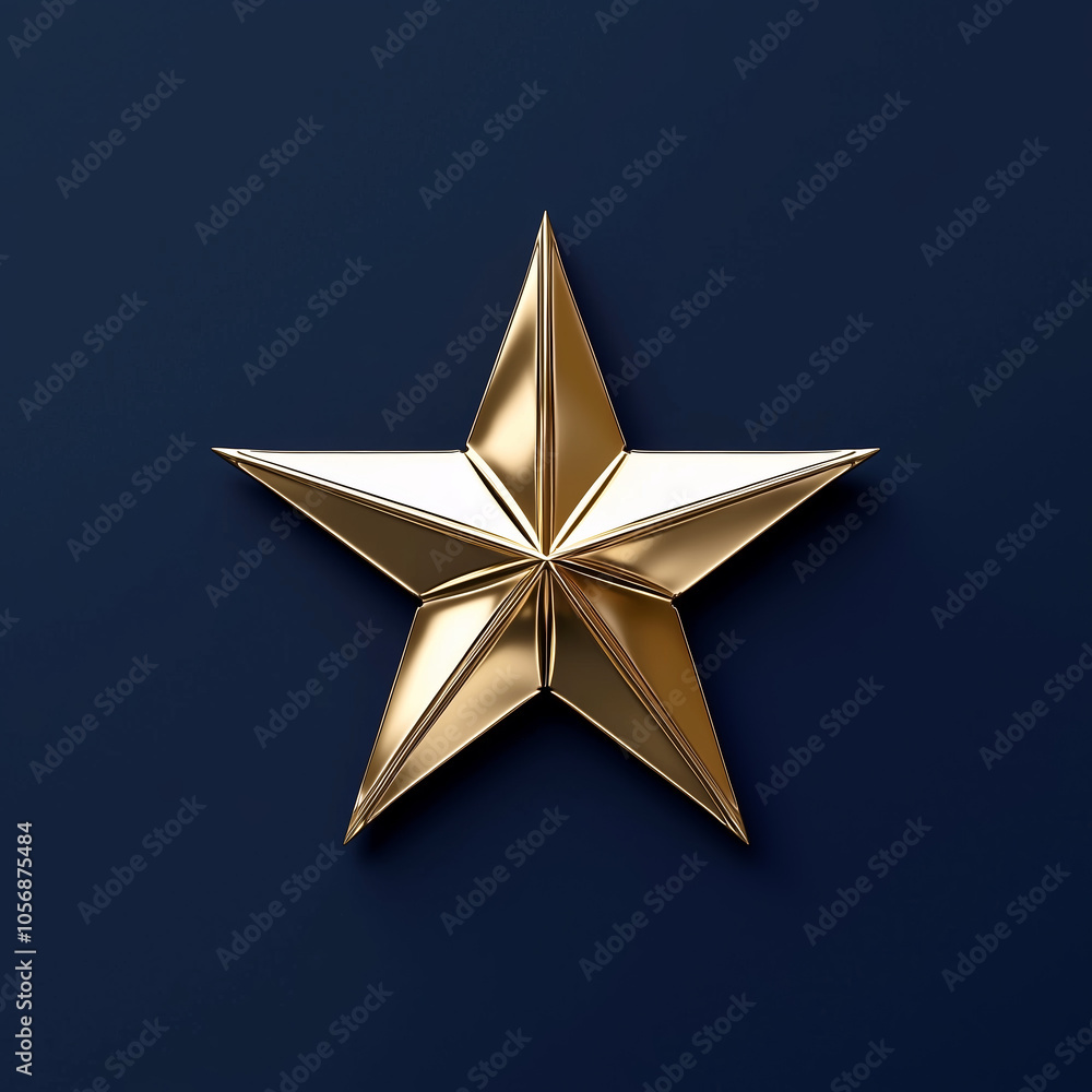 3D golden five-pointed star, against a navy blue background. 3D golden five-pointed star, against a navy blue background.