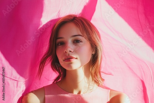 A woman poses in a bright pink dress, with a bold smile and confident posture