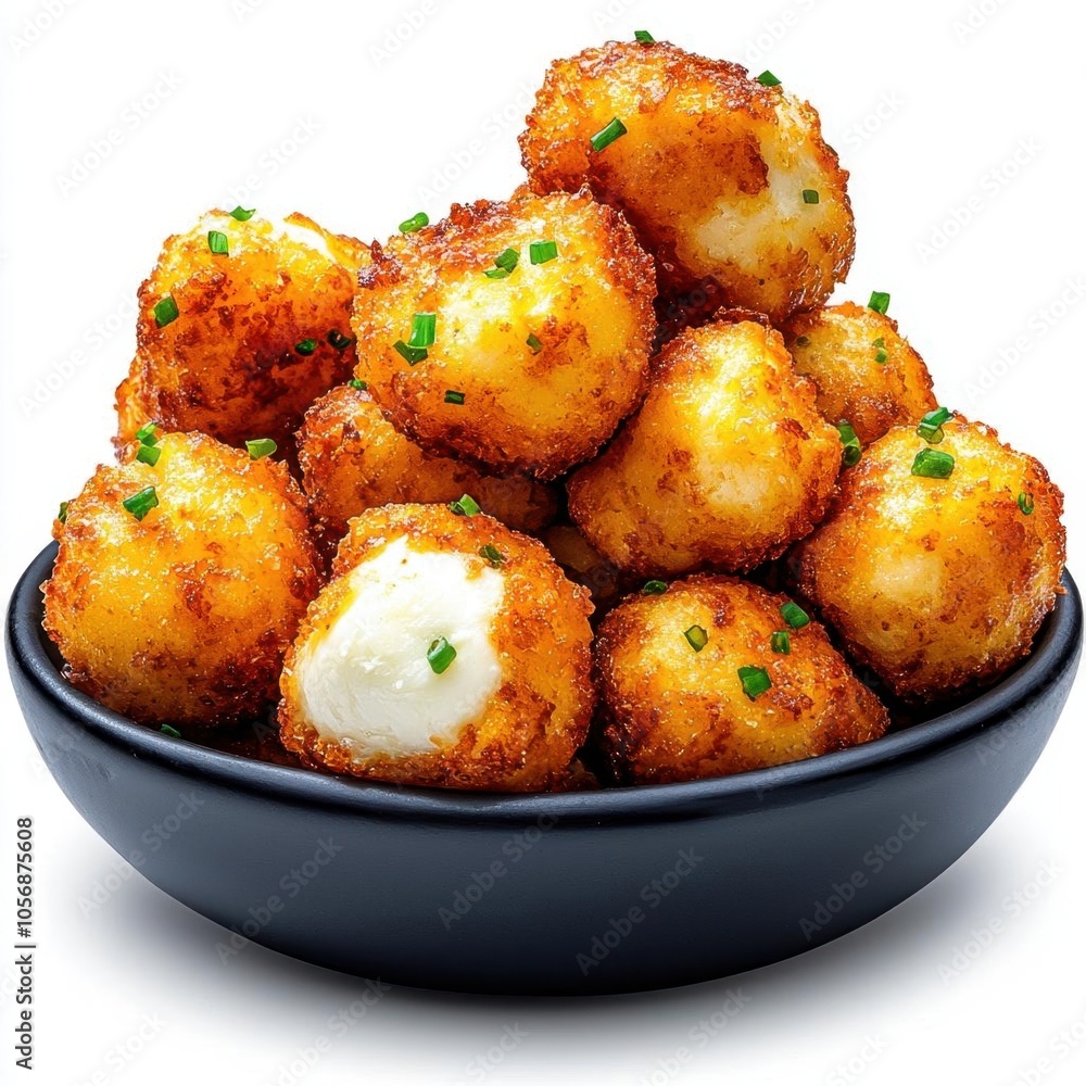 A photostock of crispy fried mozzarella balls in a bowl on a white background, crunchy and cheesy. A photostock of crispy fried mozzarella balls in a bowl on a white background, crunchy and cheesy.