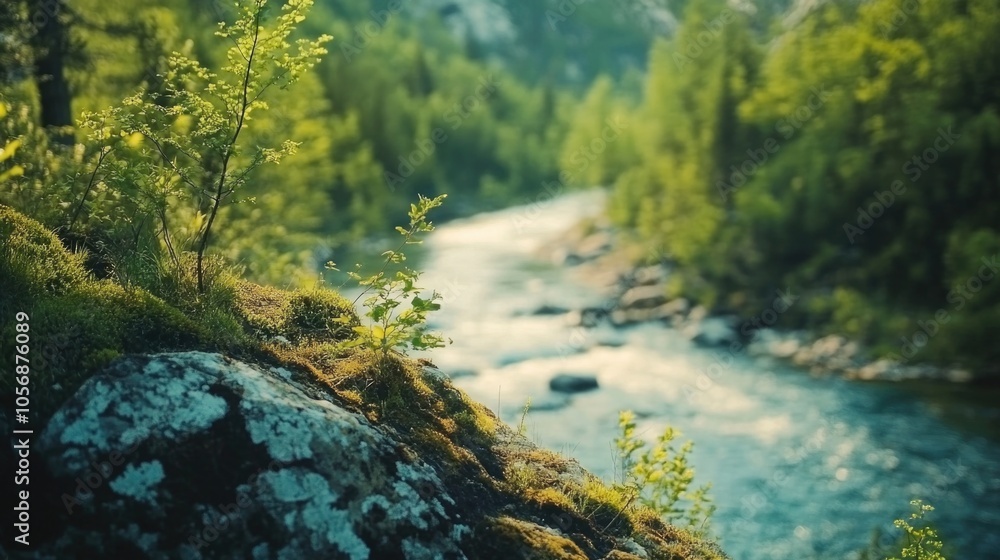 Fototapeta premium A serene and peaceful scene of a river winding its way through a dense and vibrant green forest