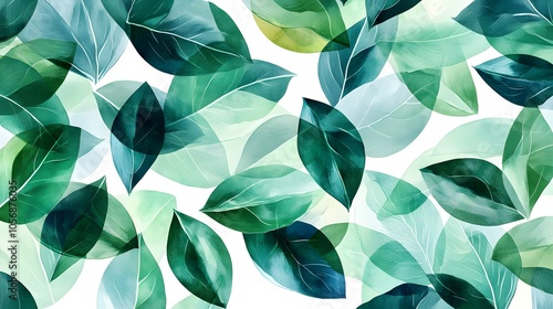 Abstract seamless pattern with green and blue leaves, green watercolor background, vector illustration, flat design, geometric