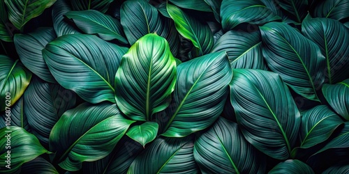 Abstract green texture of Spathiphyllum cannifolium leaves in a dark tropical garden background , tropical