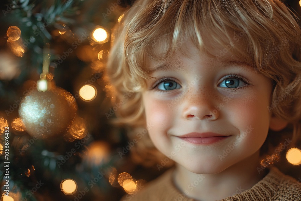 Generative AI image of a child with blue eyes waiting for Christmas gifts, surrounded by festive lights and holiday anticipation Generative AI image of a child with blue eyes waiting for Christmas gifts, surrounded by festive lights and holiday anticipation