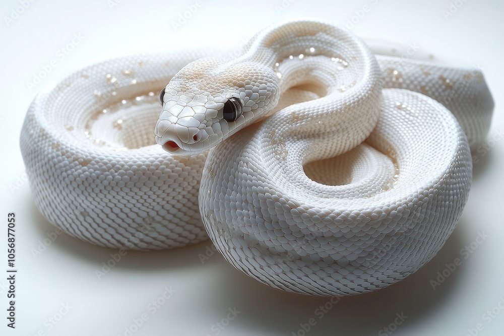 Fototapeta premium Side view of a coiled snake isolated on a pure white background. Cenerative AI
