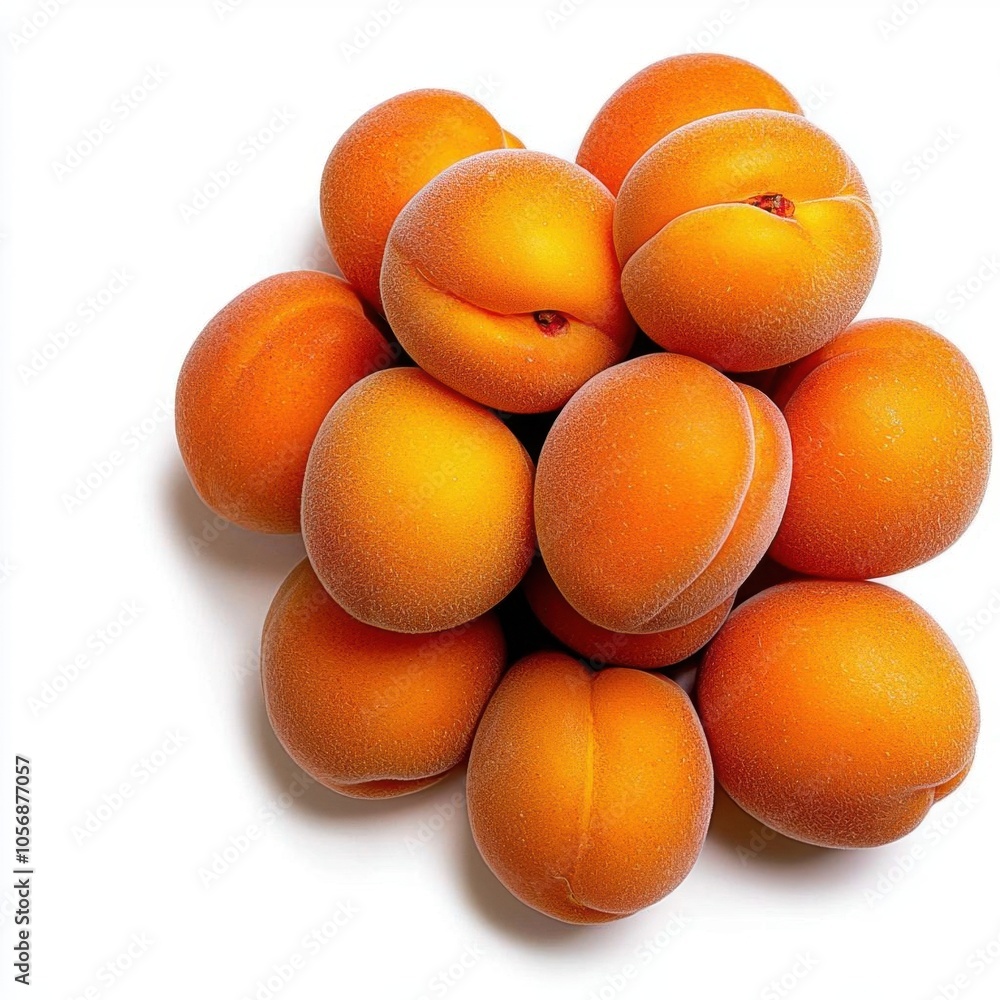 A photostock of fresh apricots on a white background, bright and juicy. A photostock of fresh apricots on a white background, bright and juicy.