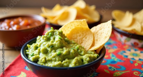 A bowl of guacamole with tortilla chips and salsa