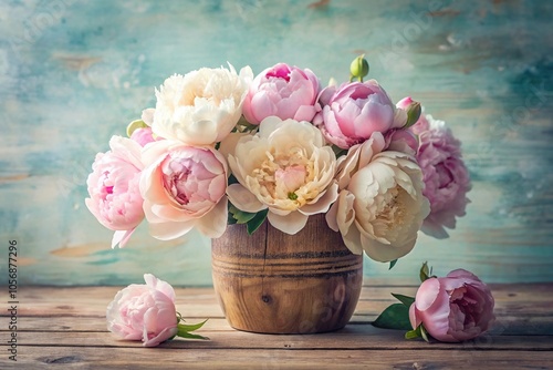 Fototapeta Naklejka Na Ścianę i Meble -  Delicate peonies in soft pastel hues arranged in a vintage wooden vase, peonies, flower arrangement